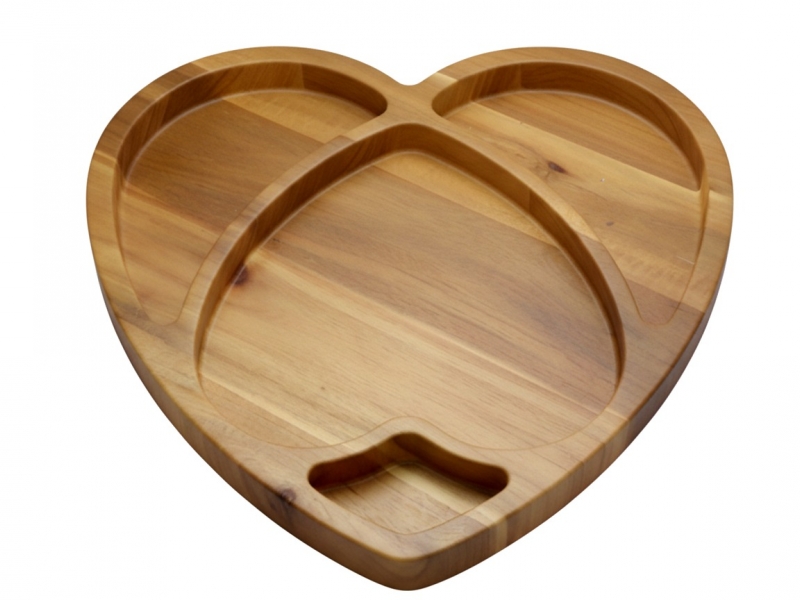Heart-Shaped Acacia Wood Serving Platter - Sectioned Appetizer Tray
